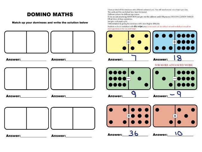 subtraction worksheet with dominoes