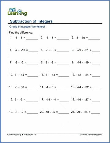 Grade 6 Integers Worksheets: Subtracting integers (-30 to 30) | Worsheets library...