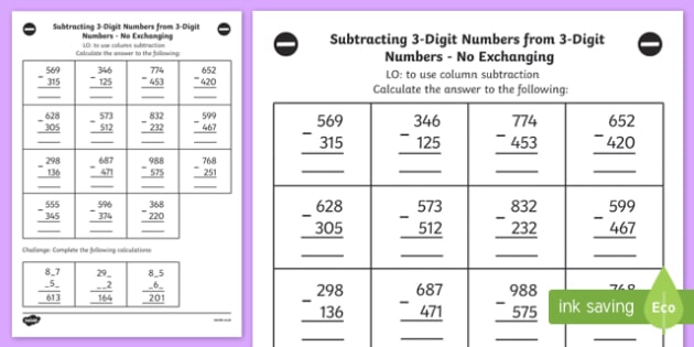 Column Method Subtraction: Subtracting 3-Digit Numbers Sheet