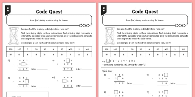 Addition and Subtraction Three-Digit Missing Numbers Worksheet ...