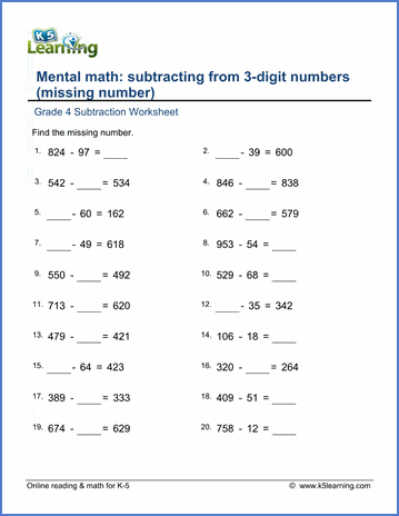 Subtract 3-digit numbers (missing numbers) | Worsheets library