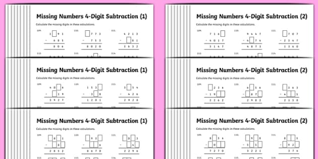 Missing Number Subtraction Worksheets - 4-Digit Problems