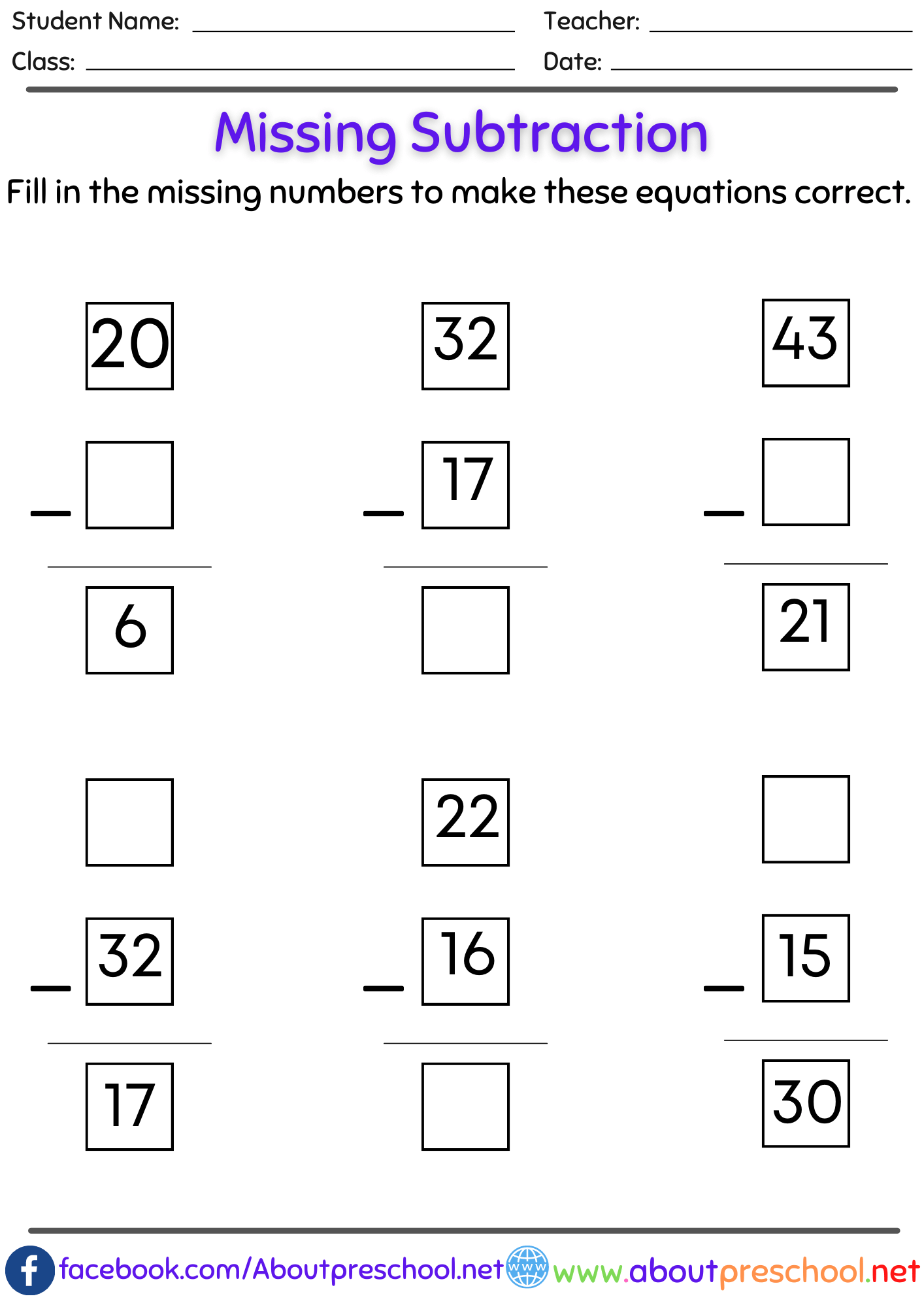 Missing Number Subtraction Archives - About Preschool