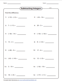 Adding and Subtracting Integers Worksheets