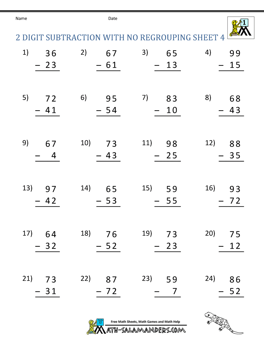 subtraction worksheet with no regrouping