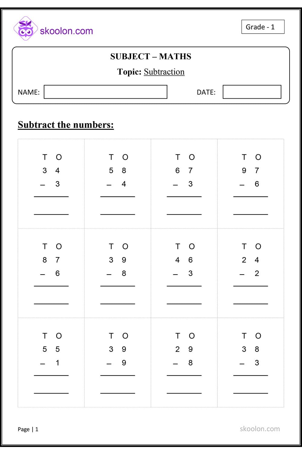 subtraction worksheet with pictures for grade 1