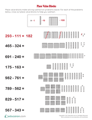 Subtraction: Place Value Blocks | Worksheet 