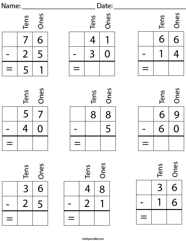subtraction worksheet with place