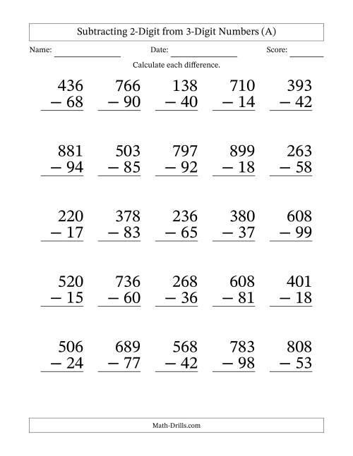 Subtracting 2-Digit from 3-Digit Numbers With Some Regrouping (25 ...