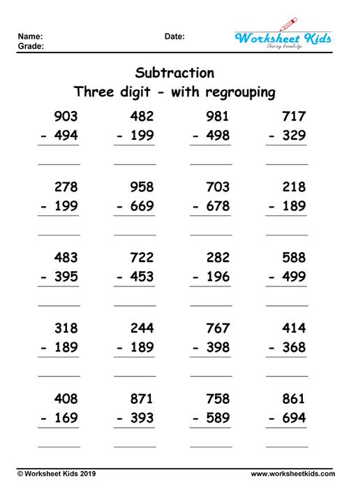 3 digit subtraction with regrouping worksheets for 2nd and 3rd ...