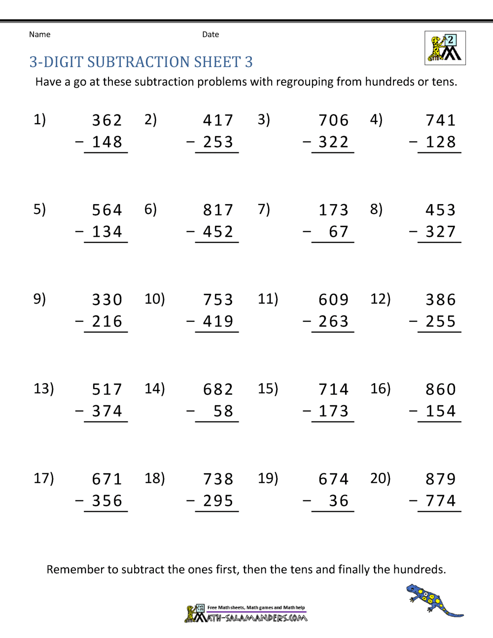 subtraction worksheet with regrouping 3rd