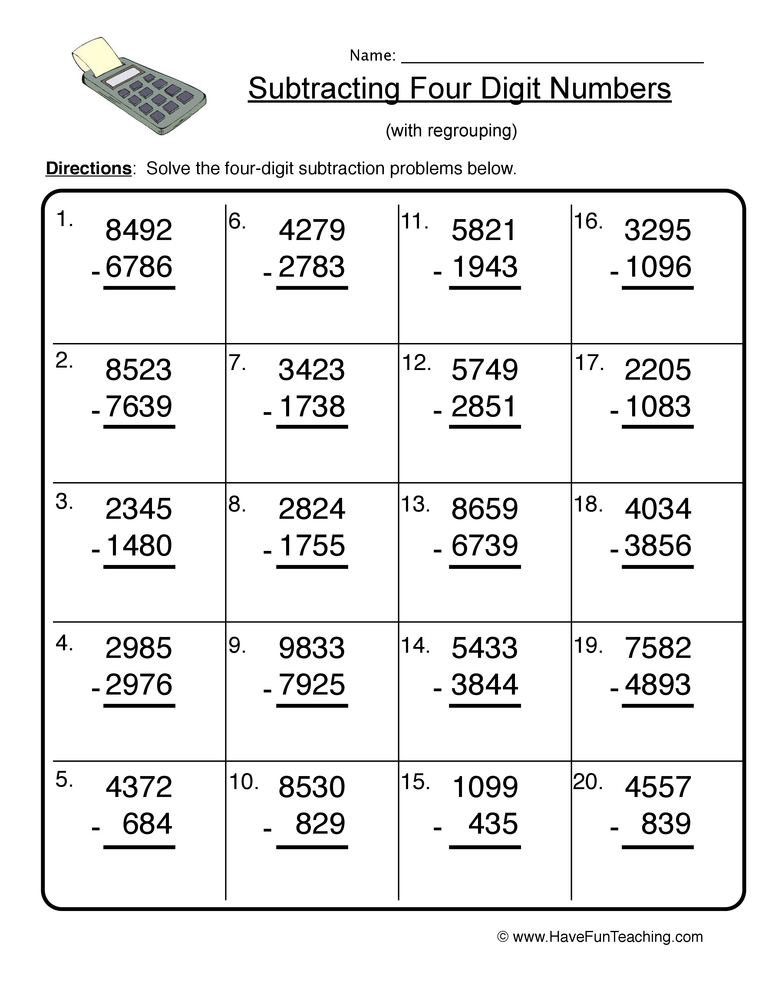 Four Digit Subtraction Regrouping Worksheet  