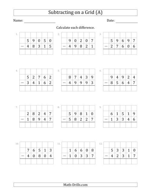 subtraction worksheet with regrouping graph paper