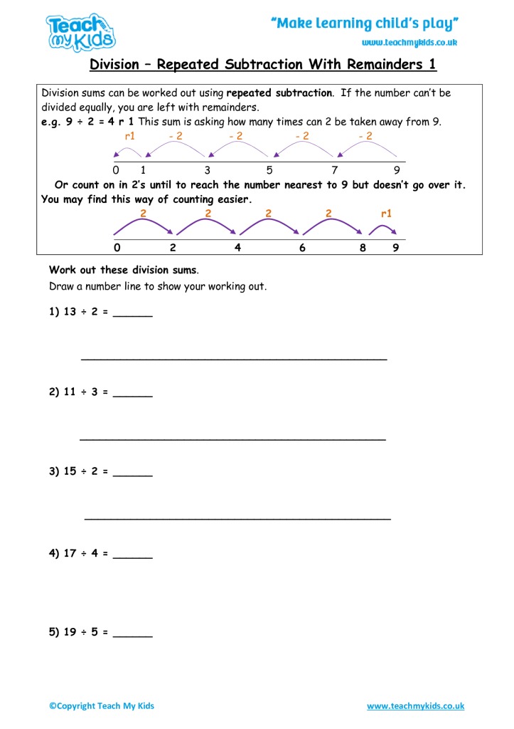subtraction worksheet with remainders