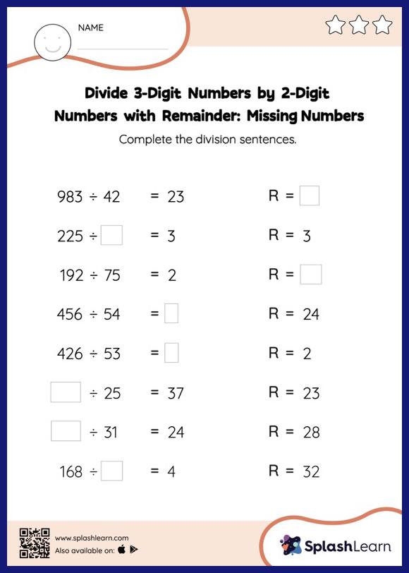 Divide 3-Digit Numbers by 2-Digit Numbers with Remainder: Missing ...