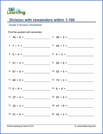 Grade 3 Math Worksheet: Simple division with remainders | Worsheets library