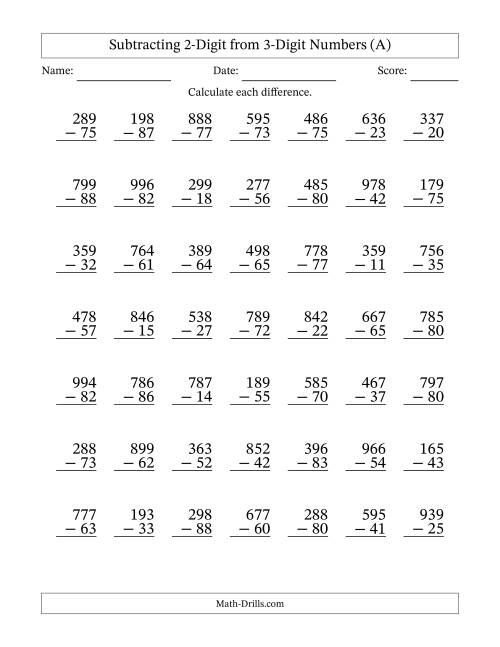 Subtracting 2-Digit from 3-Digit Numbers With No Regrouping (49 ...