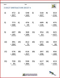 3 Digit Subtraction Worksheets