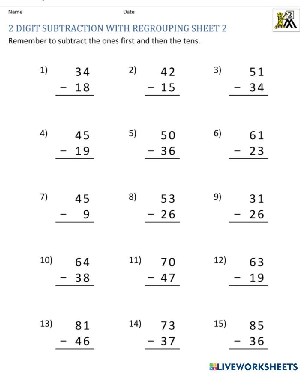 Subtraction with regrouping worksheet for grade 1  
