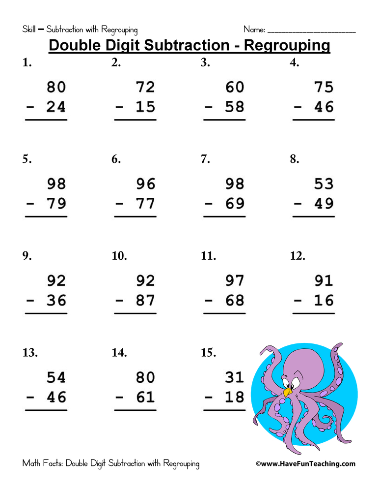 subtraction worksheet with some regrouping