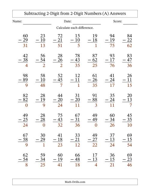 Subtracting 2-Digit from 2-Digit Numbers With Some Regrouping (49 ...