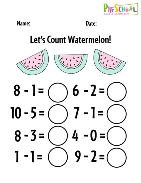 FREE Kindergarten Subtraction Worksheets Numbers 1-10
