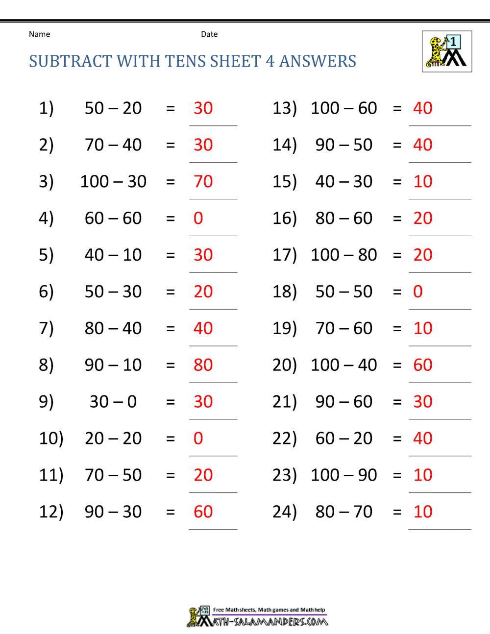subtraction worksheet with tens and ones
