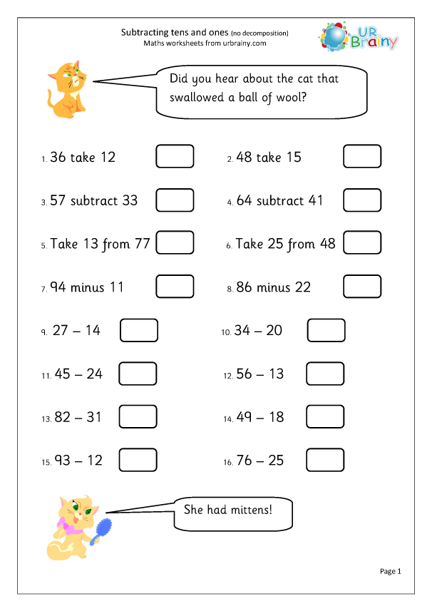 subtraction worksheet with tens and