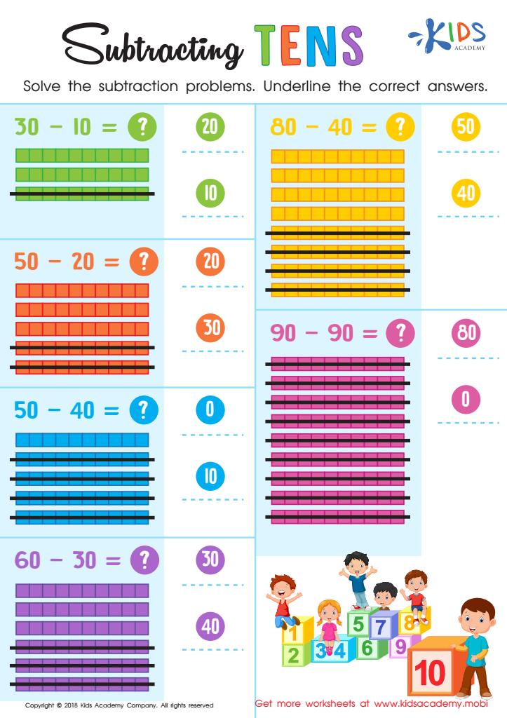 Subtracting Tens Worksheet: Free Printable PDF for Kids