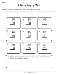 Subtracting by Tens Worksheet by Teach Simple