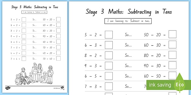 Stage 3 Maths Subtracting in Tens Worksheet (teacher made)