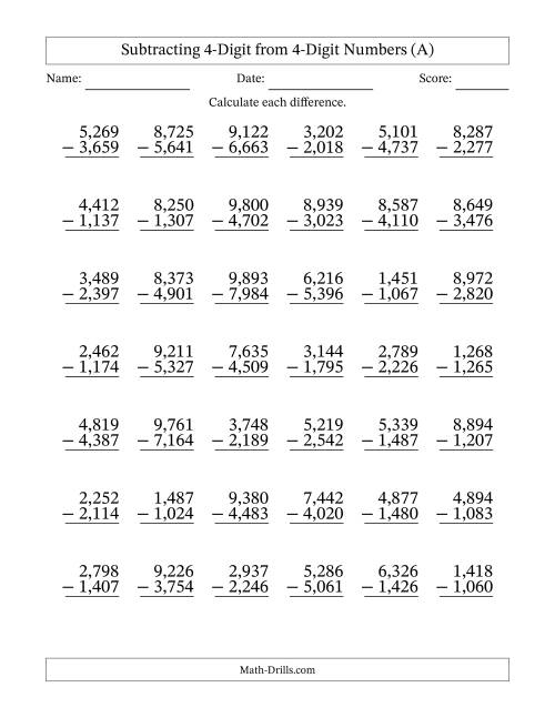 Subtracting 4-Digit from 4-Digit Numbers With Some Regrouping (42 ...