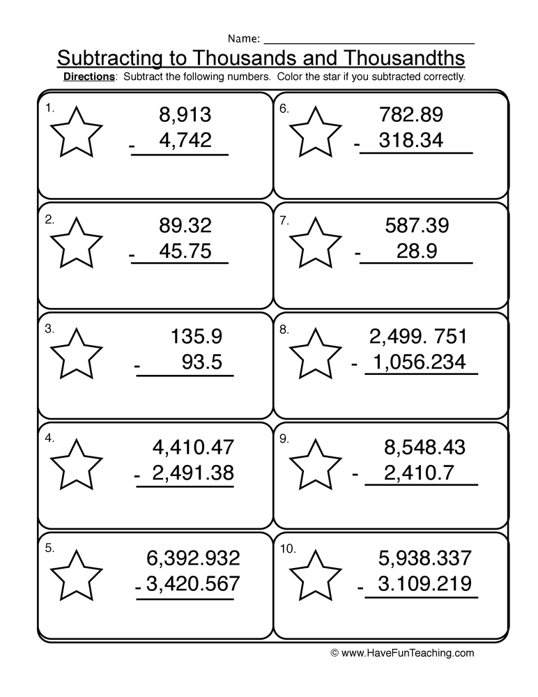 subtraction worksheet with thousands