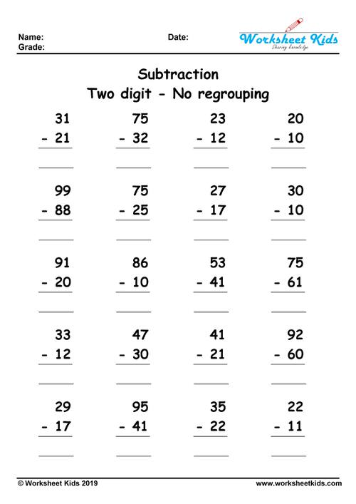 Two Digit Subtraction Without Regrouping Worksheets - Free printable