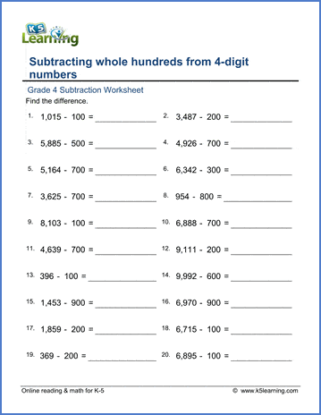 subtraction worksheet with whole numbers