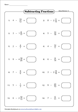subtraction worksheet with whole numbers