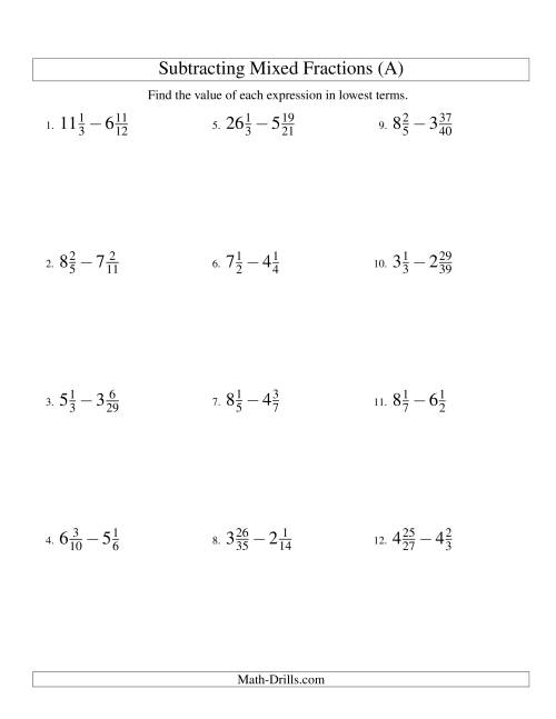 subtraction worksheet with whole numbers
