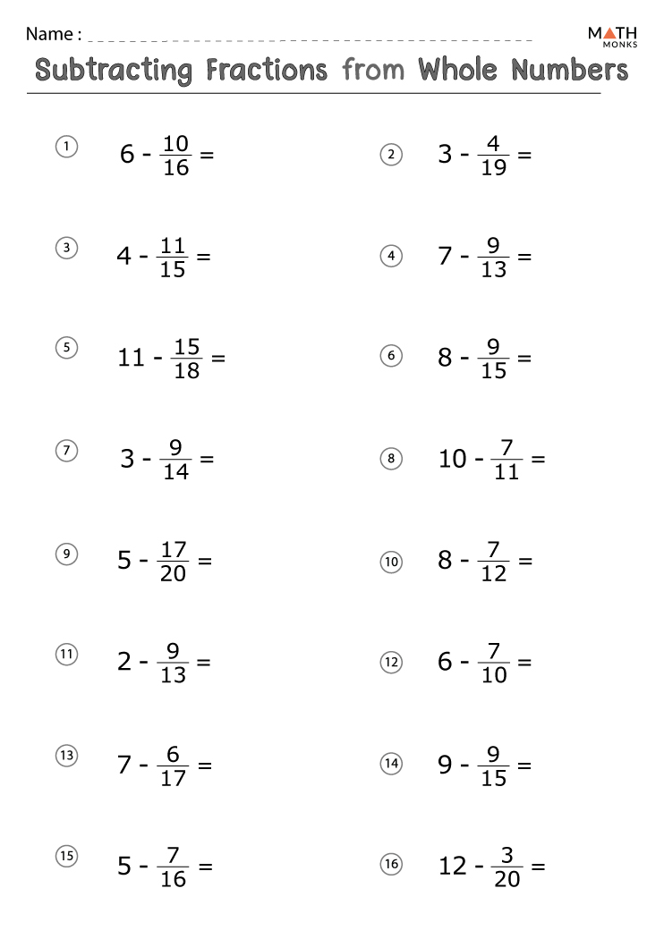 subtraction worksheet with whole numbers