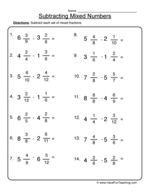 Mixed Numbers Subtraction Worksheet  