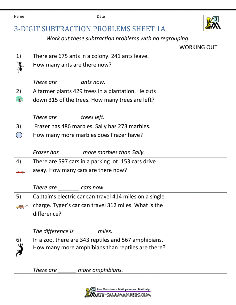 Subtraction Word Problems 3rd Grade