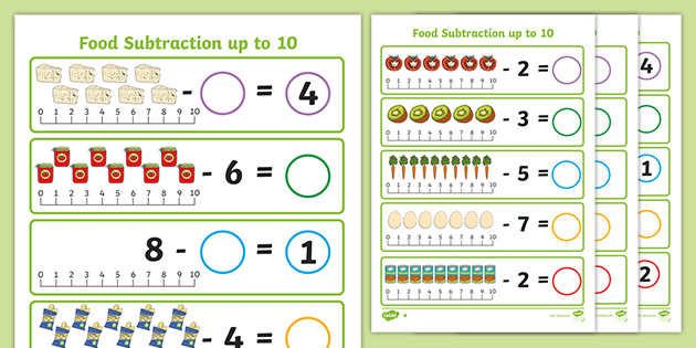 Food-Themed Subtraction within 10 Worksheet (Lehrer gemacht)