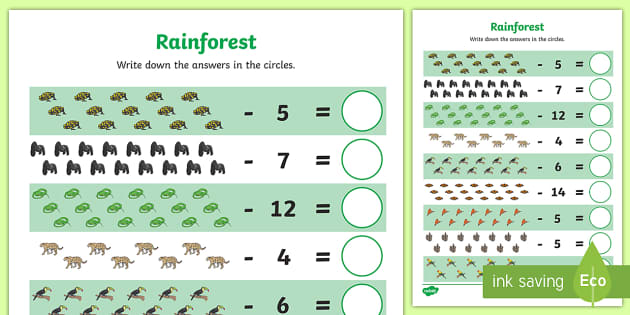 Rainforest Maths Worksheet | Subtraction Within 20 | Twinkl