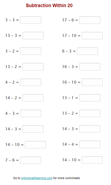 Subtraction Within 20 Worksheets (First Grade, printable)