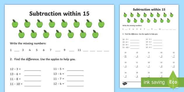 Subtraction within 15 Worksheet / Worksheet (teacher made)