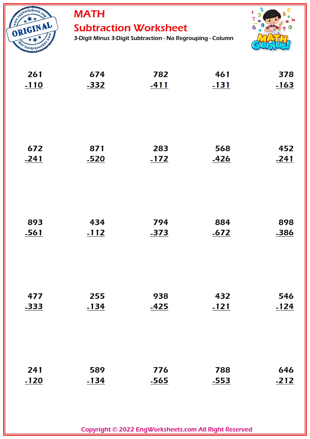 subtraction worksheet without regrouping 3