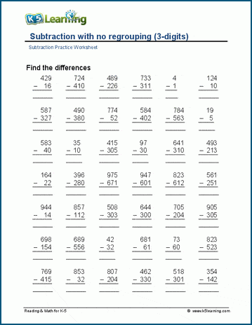 subtraction worksheet without regrouping 3