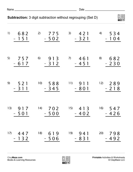 Subtraction Worksheet - 3 Digit Subtraction Without Regrouping ...