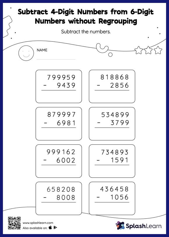 Subtract 4-Digit Numbers from 6-Digit Numbers without Regrouping ...