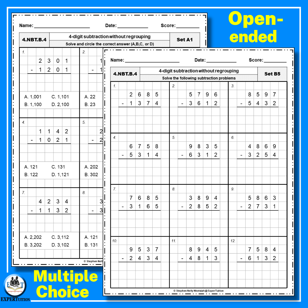 subtraction worksheet without