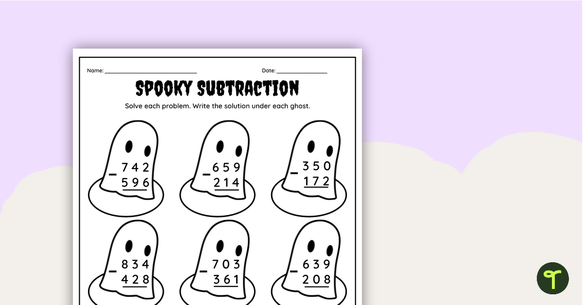 Halloween 3-Digit Subtraction Worksheet | Teach Starter